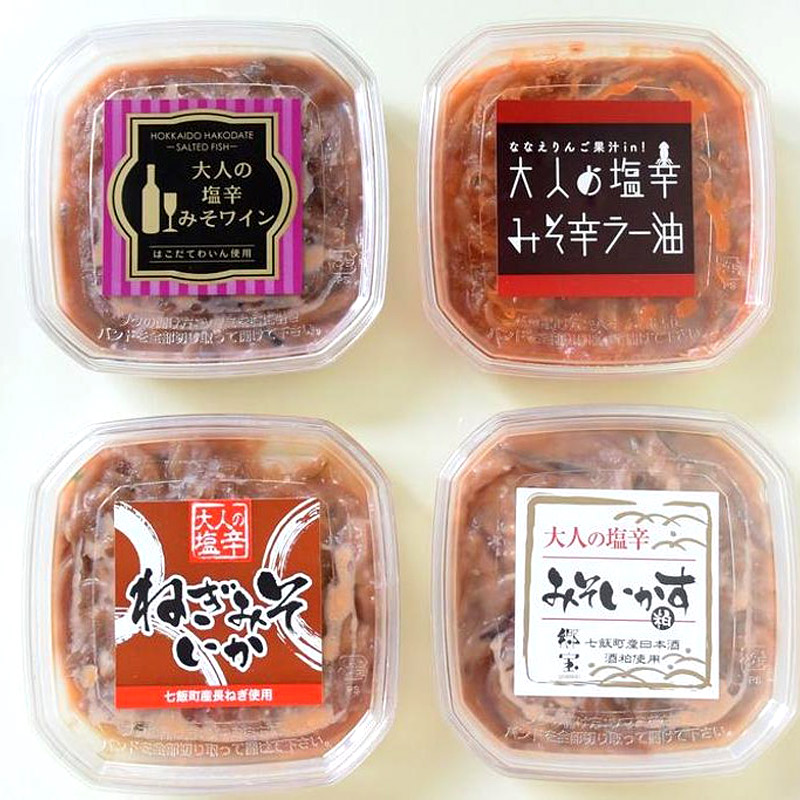 塩辛みそワイン・塩辛みそ辛ラー油・塩辛ねぎみそいか・塩辛みそいかすのセット商品です。